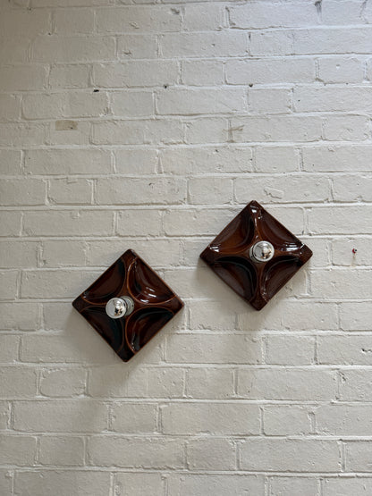PAIR OF BROWN CERAMIC WALL LIGHTS