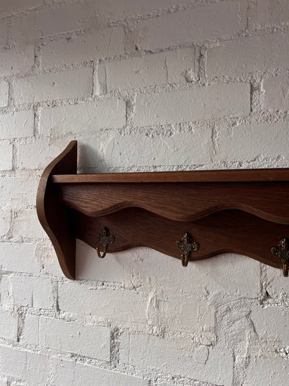 WOODEN WAVY SHELVES WITH BRASS HOOKS