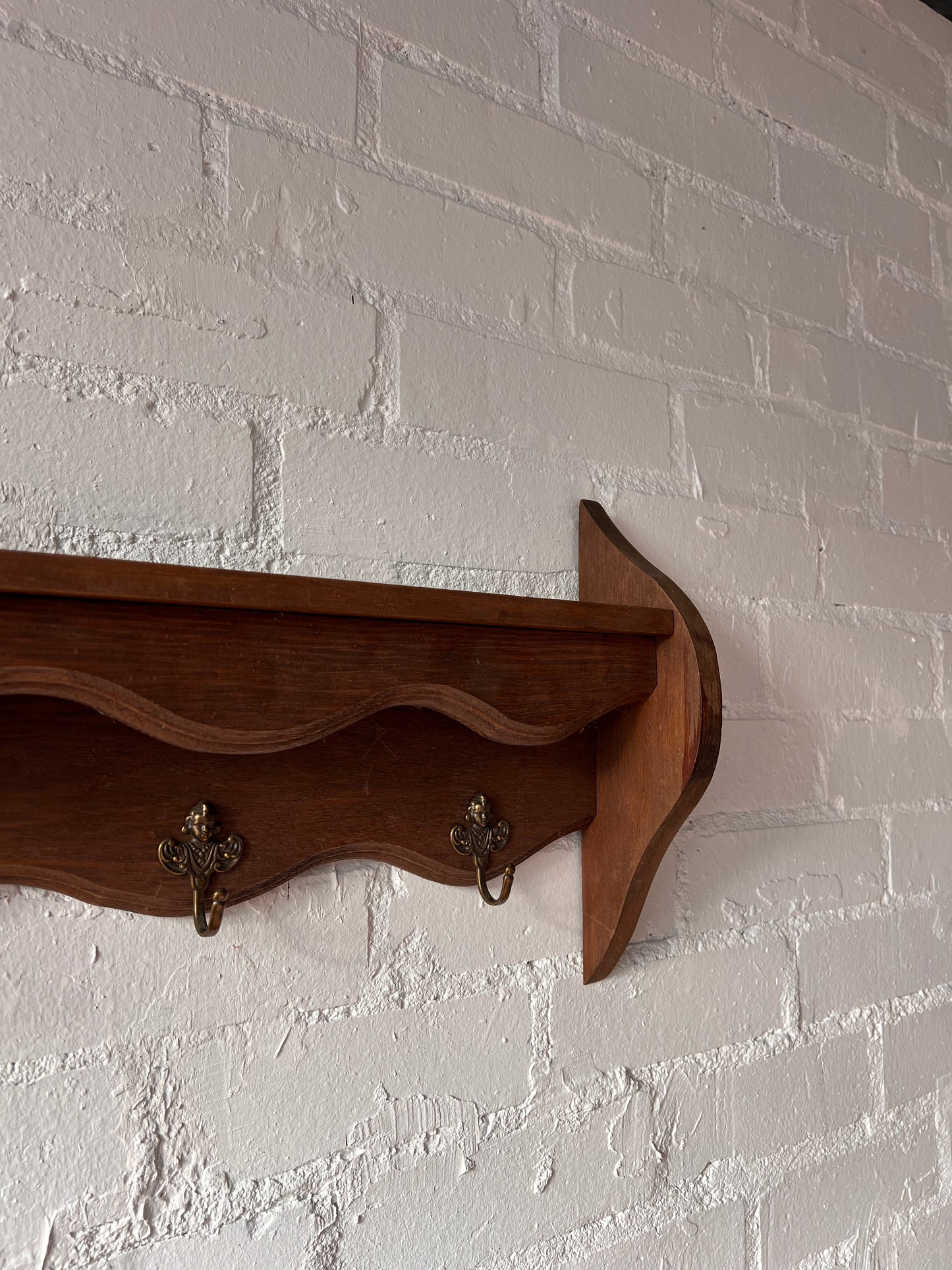 WOODEN WAVY SHELVES WITH BRASS HOOKS