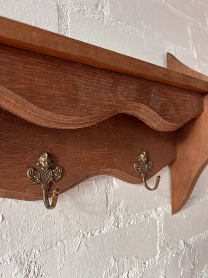 WOODEN WAVY SHELVES WITH BRASS HOOKS