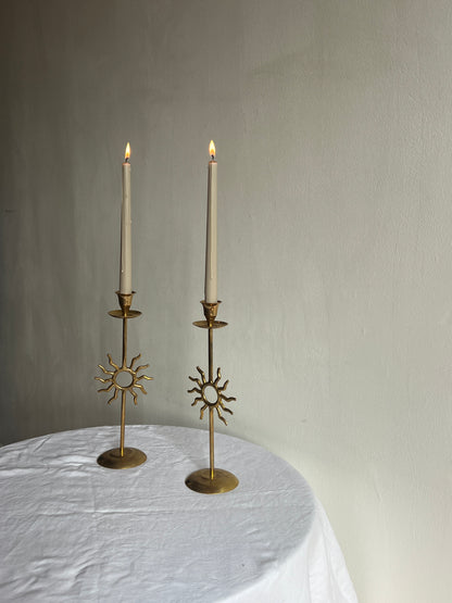 PAIR OF BRASS SUN CANDLE HOLDERS