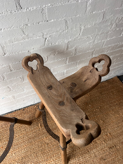 PAIR OF BRUTALIST SADDLE WOODEN STOOLS
