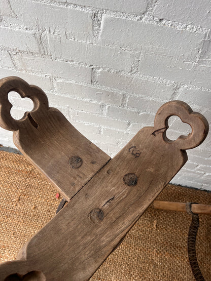 PAIR OF BRUTALIST SADDLE WOODEN STOOLS