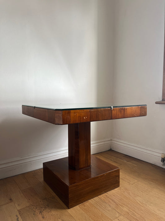 Square veneered Art Deco mirror topped table