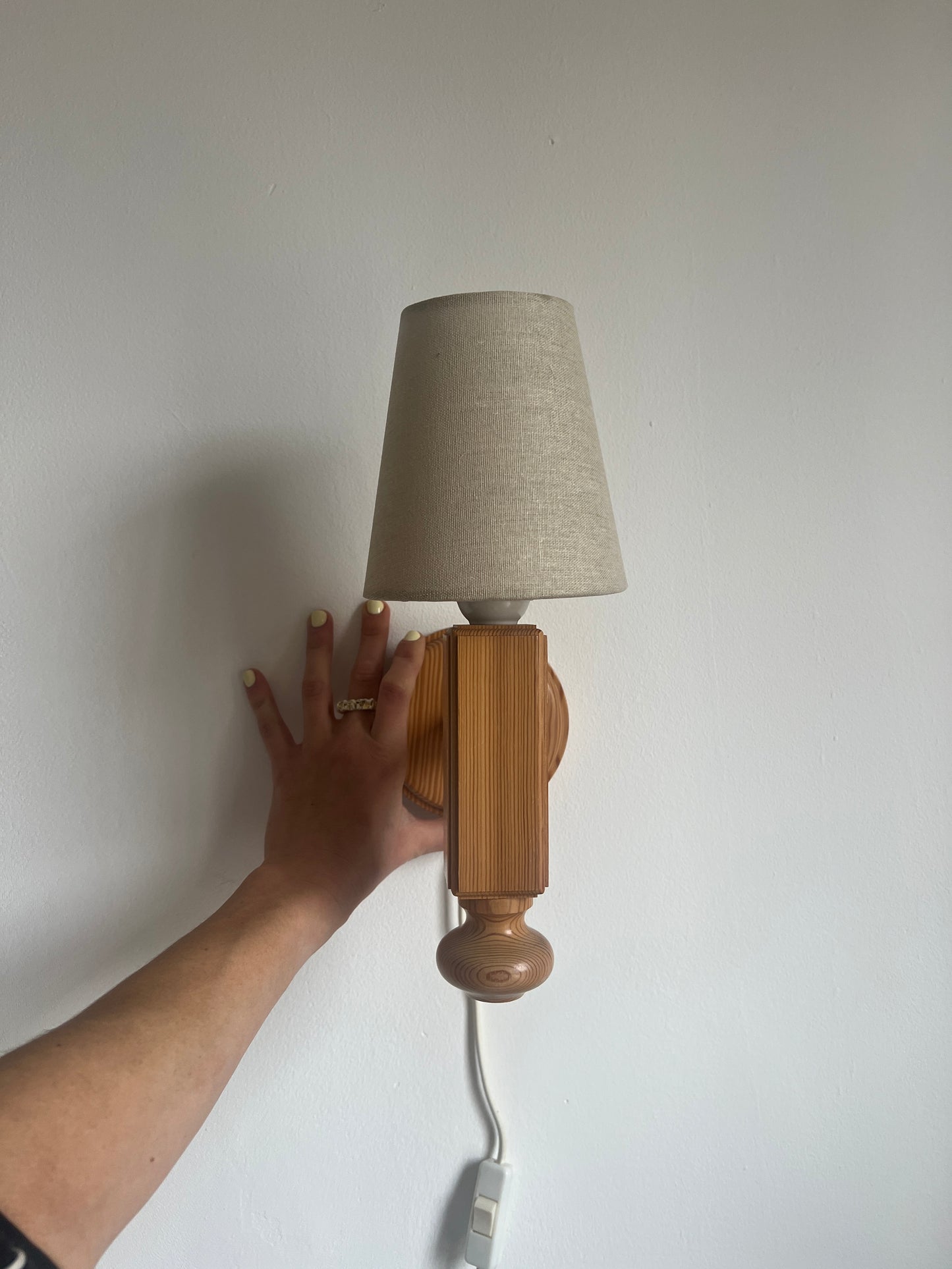 Pine rectangular wall light with cream linen shade