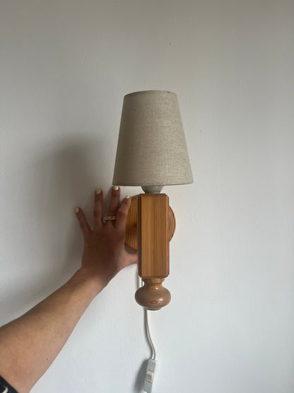 Pine rectangular wall light with cream linen shade