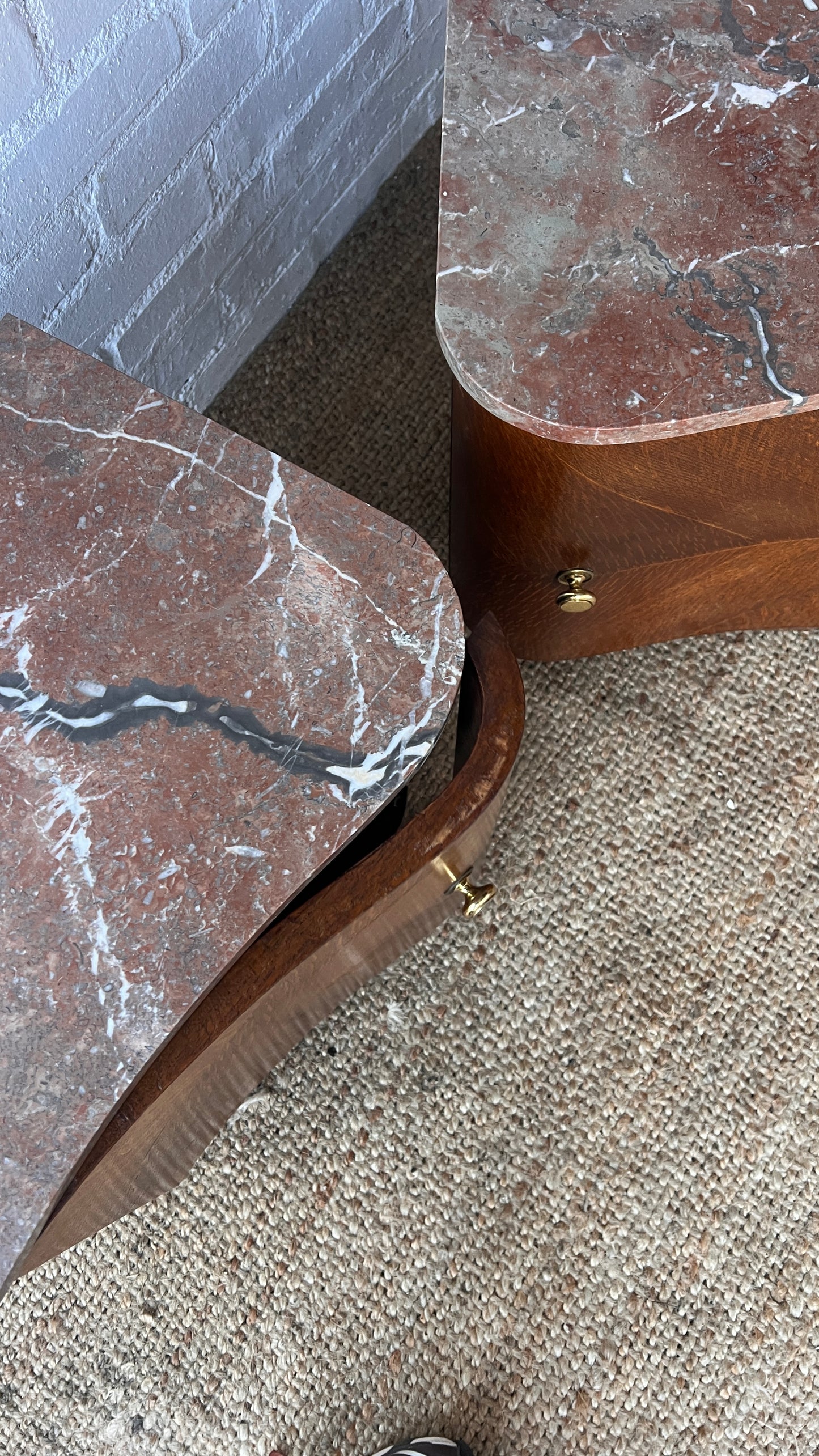 PAIR OF RED MARBLE TOP BEDSIDE TABLES